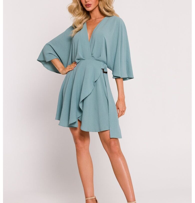 Дамска мини рокля с разкроена долна част - Полиестер - Синя - 65487 - Черен MOE