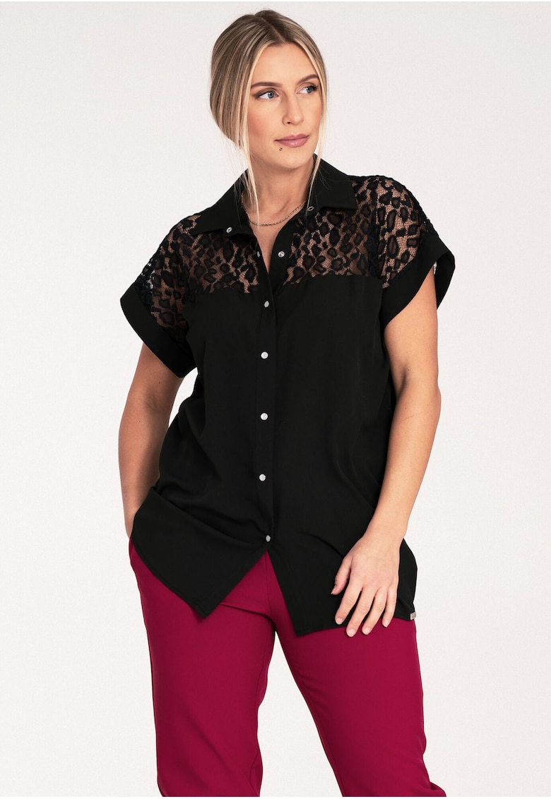 Дамска риза ажурна - черна - къс ръкав - дантела - 80% полиестер Figl