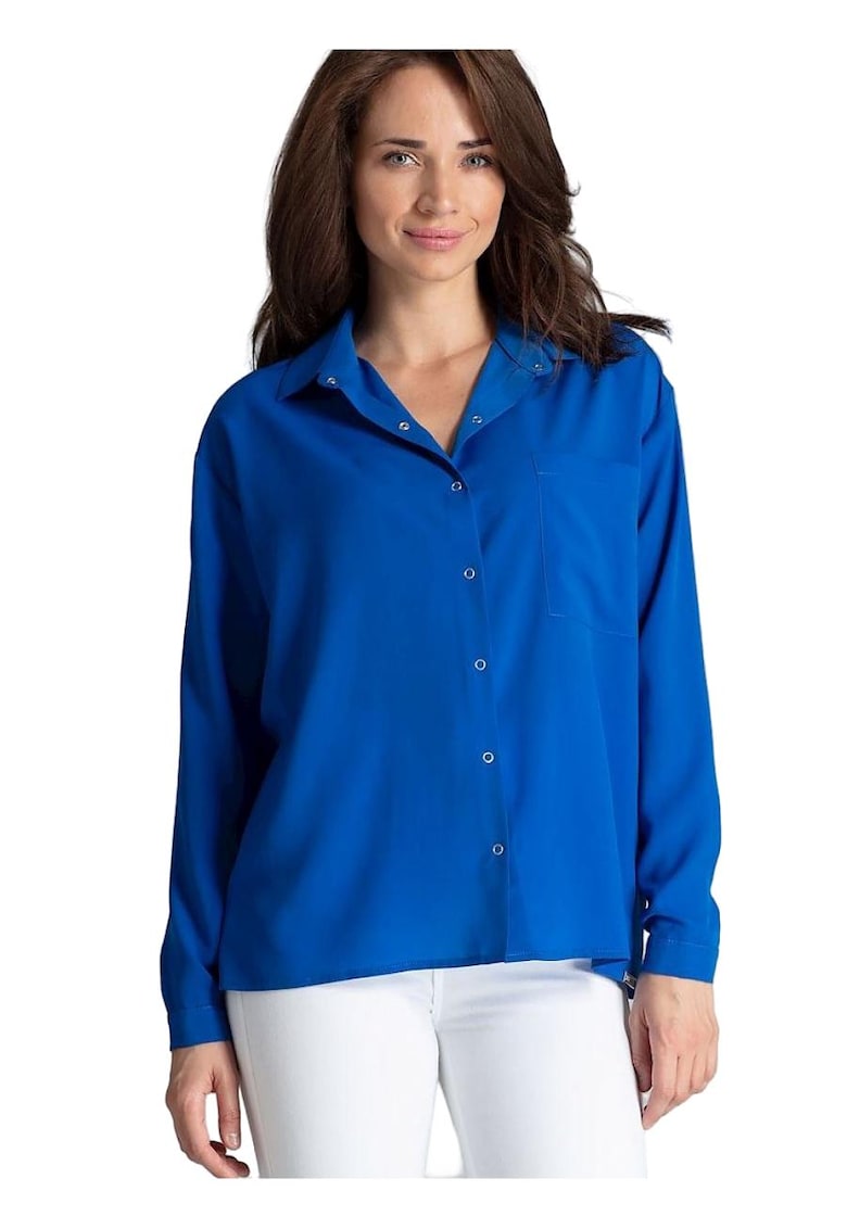 Дамска риза - дълъг ръкав - синя - от полиестер и вискоза - Lenitif