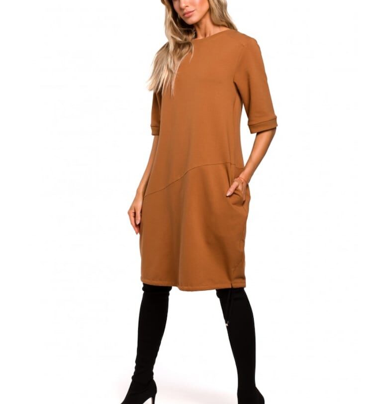 Дамска рокля - С джобове - Памук - Еластан - Карамел - Карамел MOE