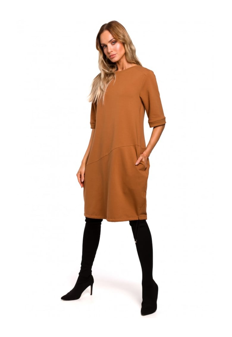 Дамска рокля - С джобове - Памук - Еластан - Карамел - Карамел MOE
