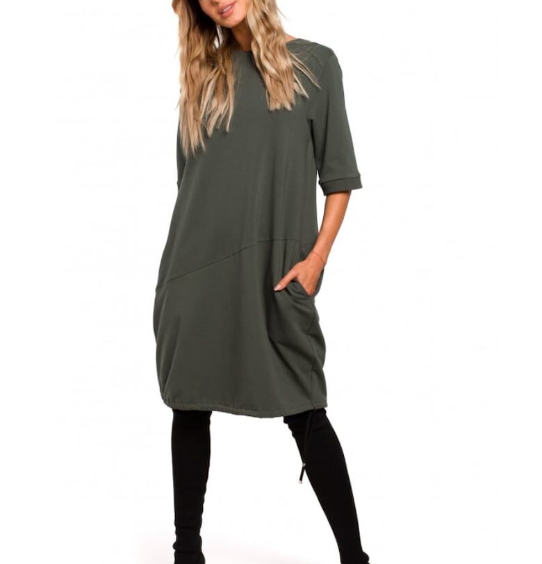 Дамска рокля - С ръкав - Памук - Еластан - Military green - Тъмно каки MOE