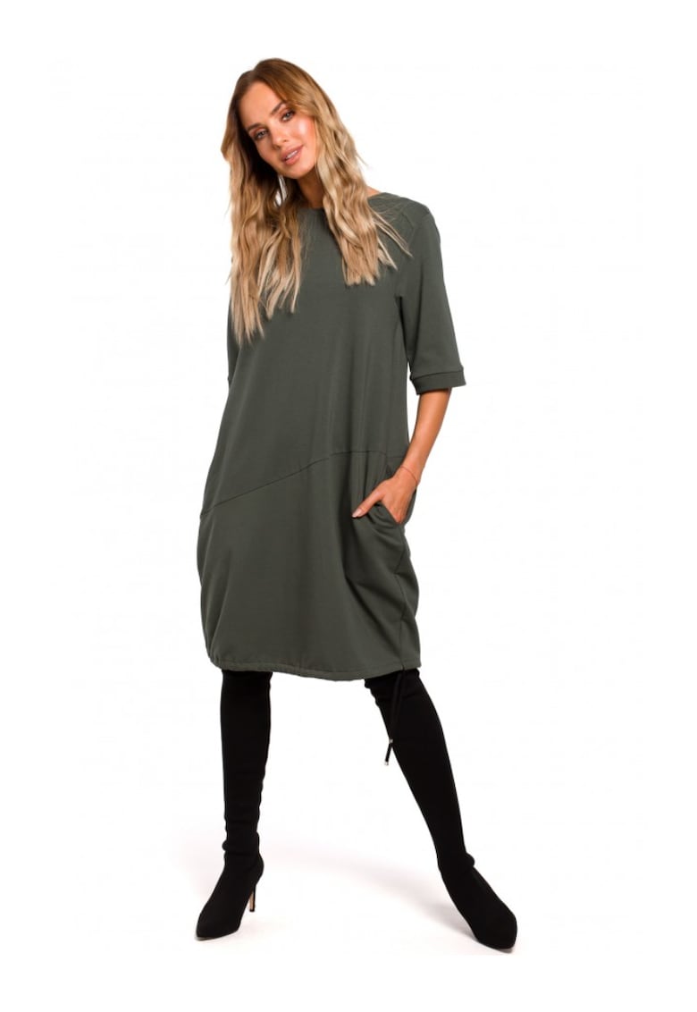 Дамска рокля - С ръкав - Памук - Еластан - Military green - Тъмно каки MOE