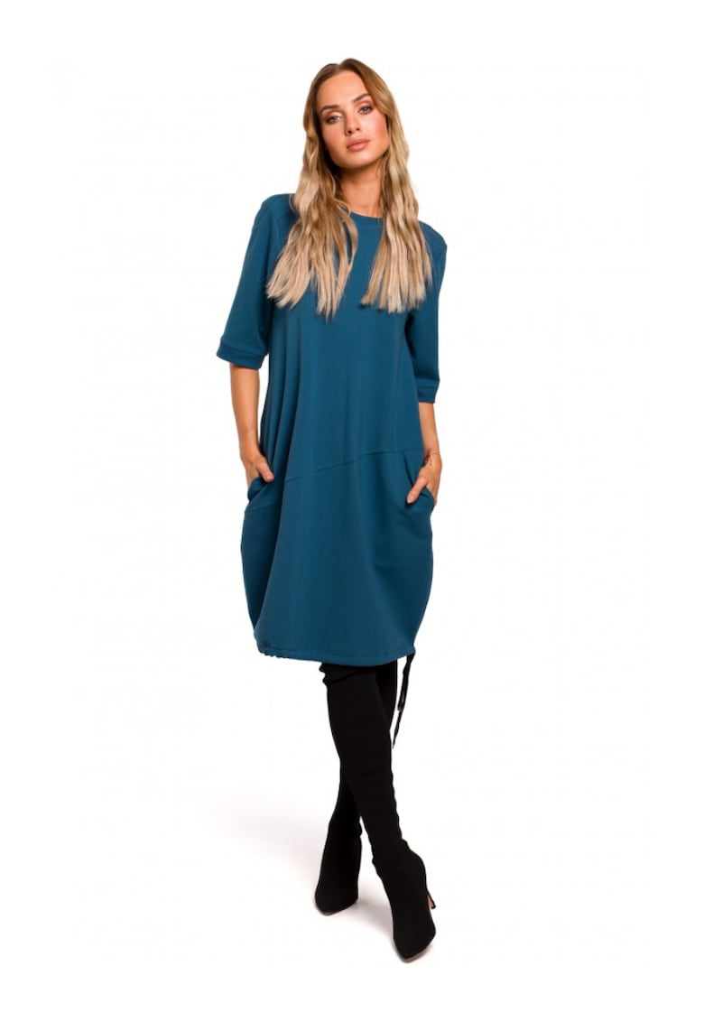 Дамска рокля - С ръкав - Памук - Еластан - Military green - Ултрамарин синьо MOE