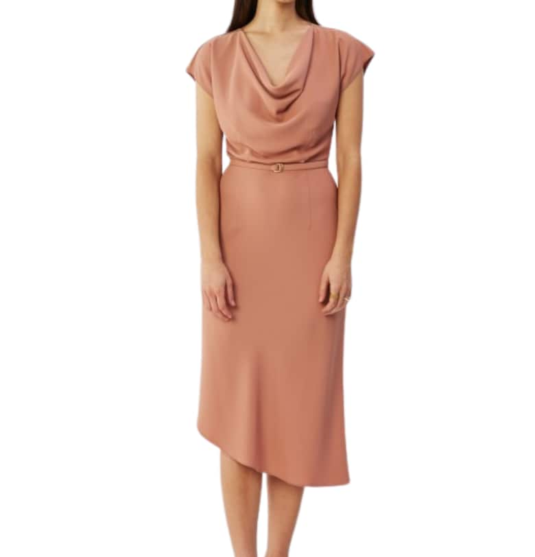 Дамска рокля - асиметрична с каскадно деколте - Полиестер - S - Червена Stylove