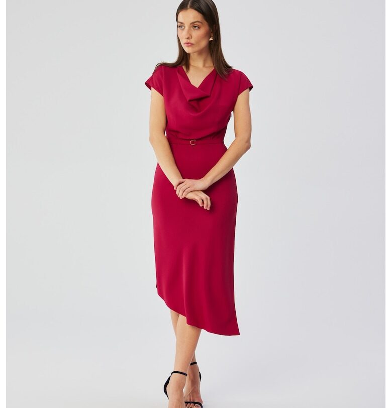 Дамска рокля - асиметрична с каскадно деколте - полиестер - черна Stylove