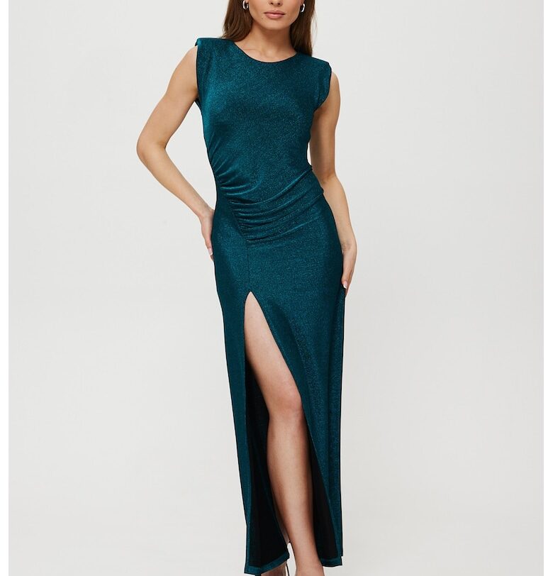 Дамска рокля - макси металик с възглавнички и плисета - Полиестер - Синя - М Makover