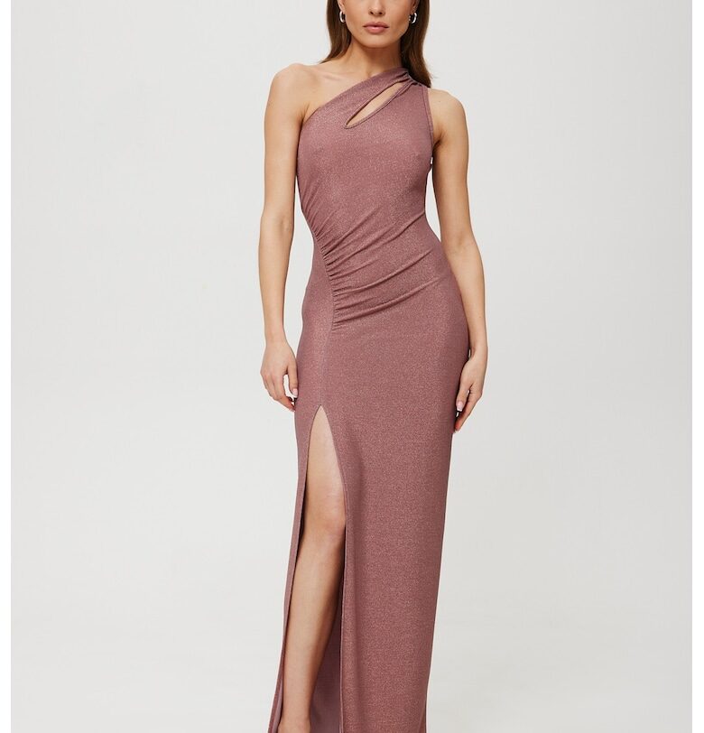 Дамска рокля - макси металик с капковидно деколте - Полиестер - Червена - Син MOE