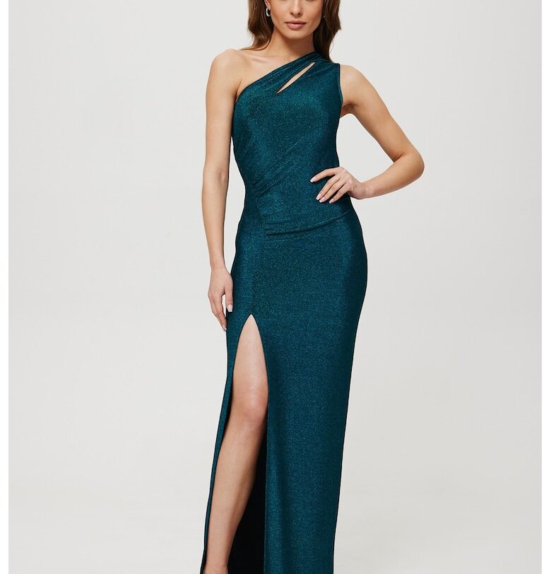 Дамска рокля - макси металик с капковидно деколте - полиестер - синьо - Син MOE