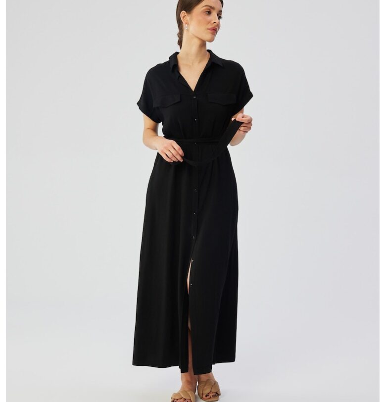 Дамска рокля - макси с къси ръкави и отворени ръкави - Полиестер - Черен - Корал MOE