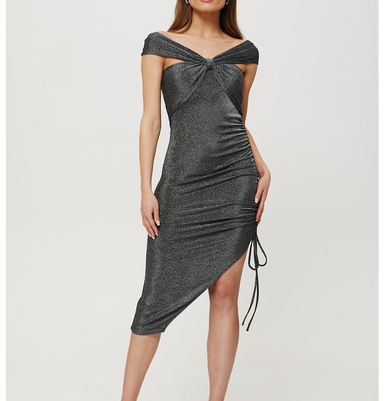 Дамска рокля металик - издърпана настрани - полиестер сива - Сребрист MOE