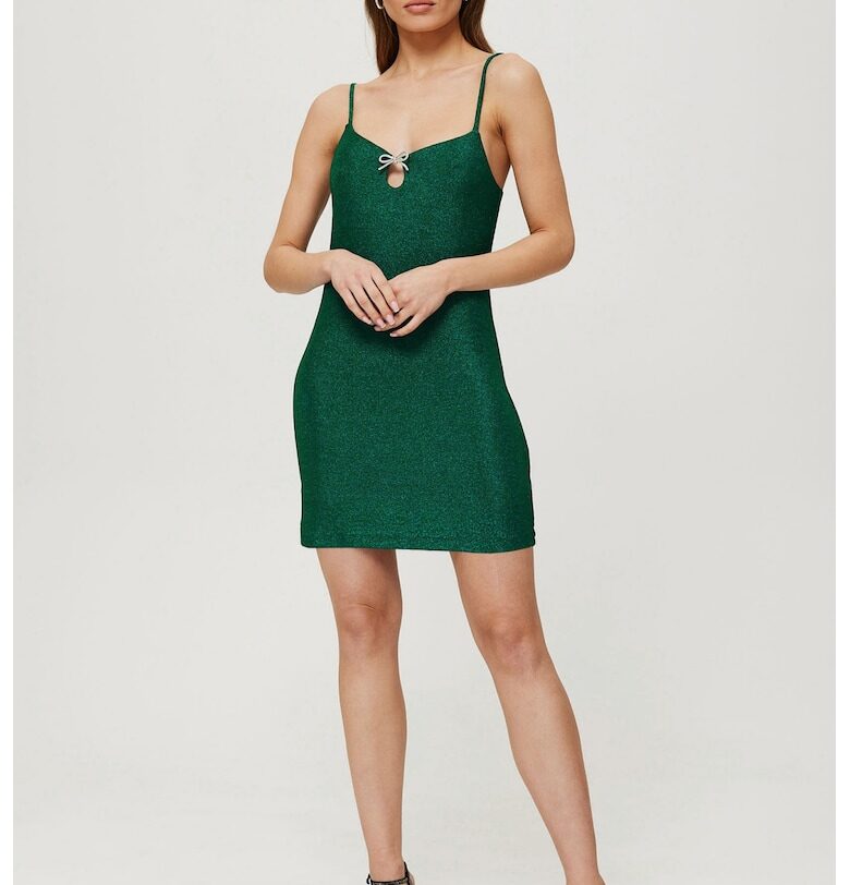 Дамска рокля - металик мини с декоративни апликации - Полиестер - Зелена - Изумруд MOE