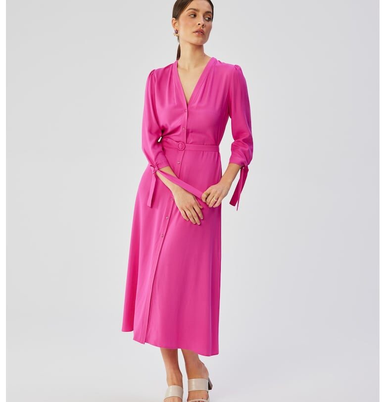 Дамска рокля - миди с вързани маншети - Полиестер - Червена - Люляк MOE