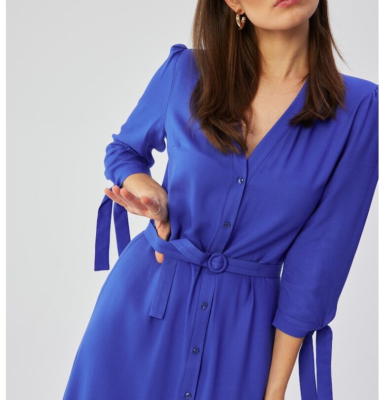 Дамска рокля - миди с вързани маншети - полиестер - M синьо Stylove