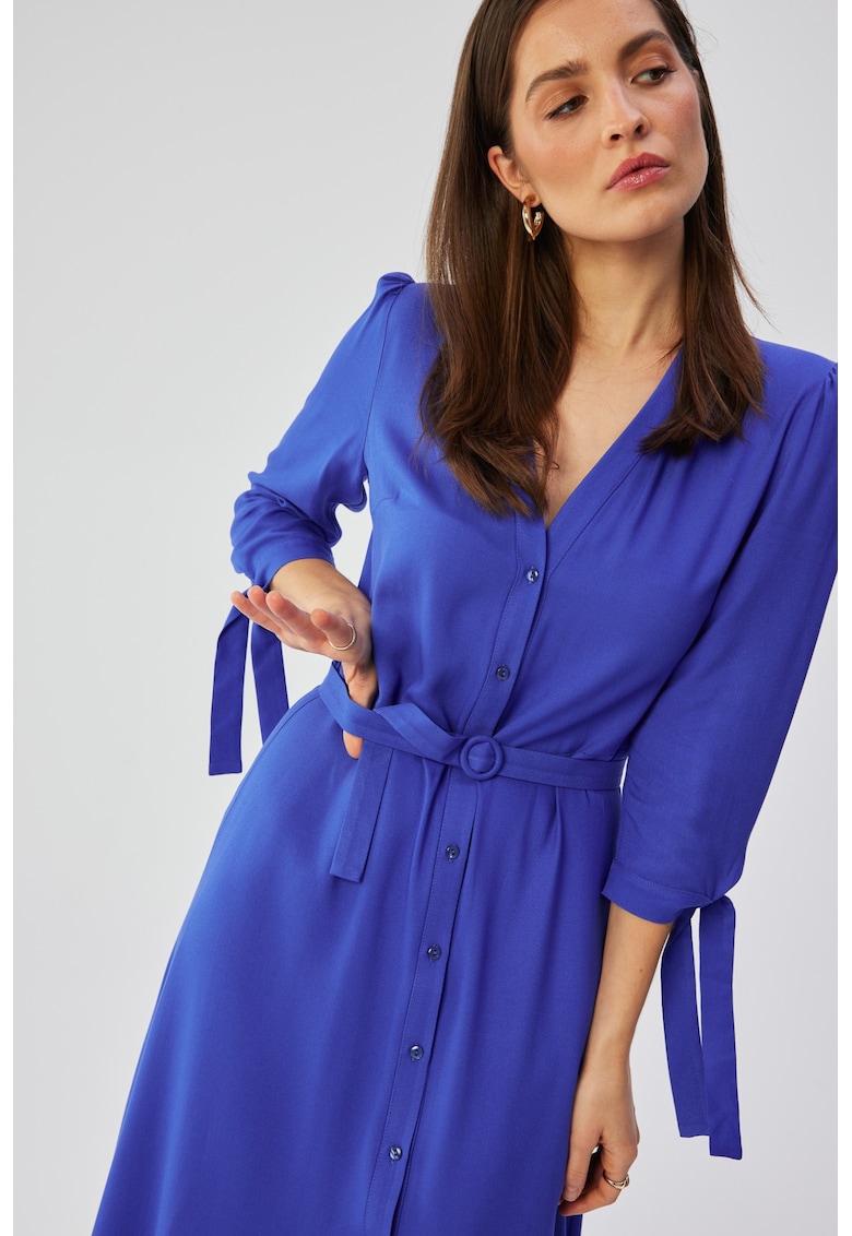 Дамска рокля - миди с вързани маншети - полиестер - M синьо Stylove