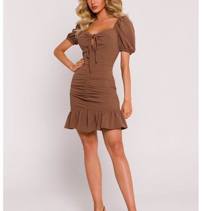 Дамска рокля - мини с връзка около врата - полиестер - 66677 - Шоколадов MOE