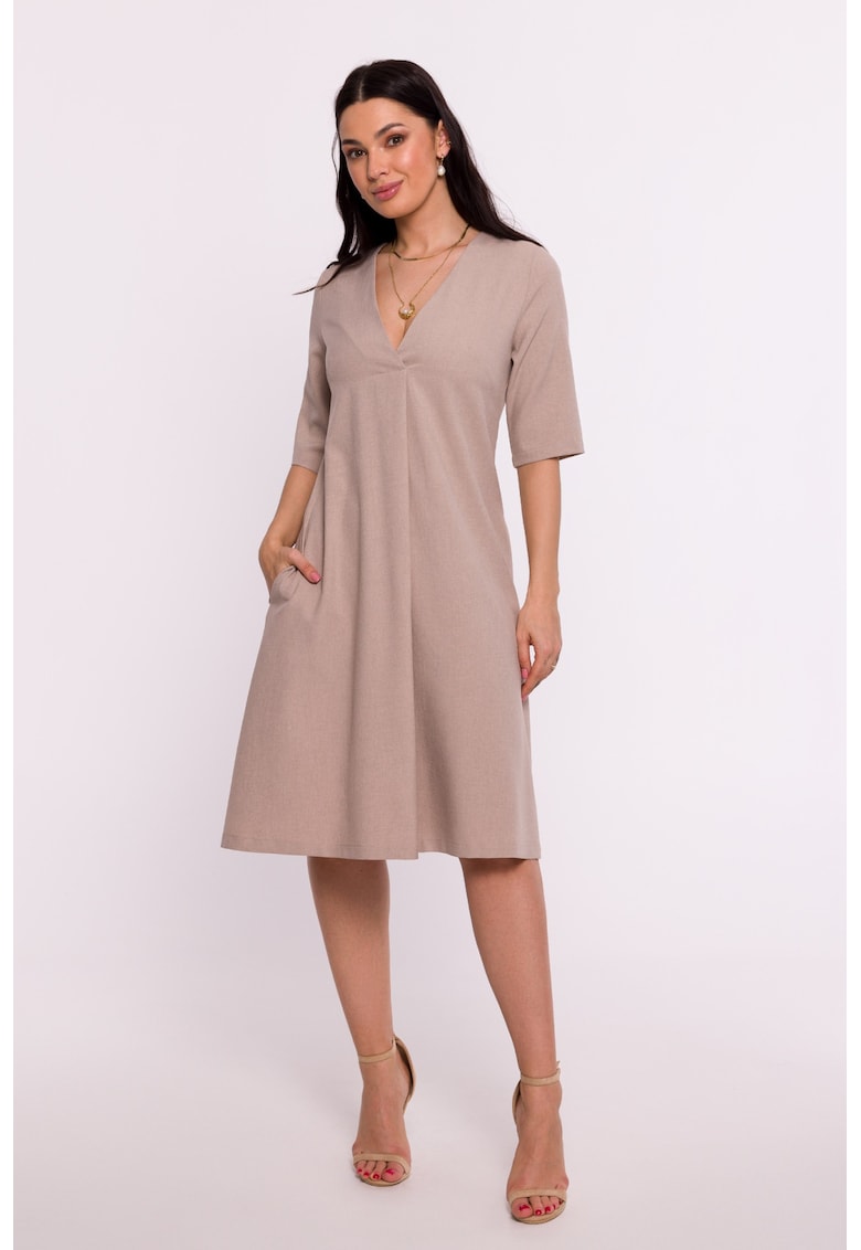 Дамска рокля с V-образно деколте - Бежов OEM