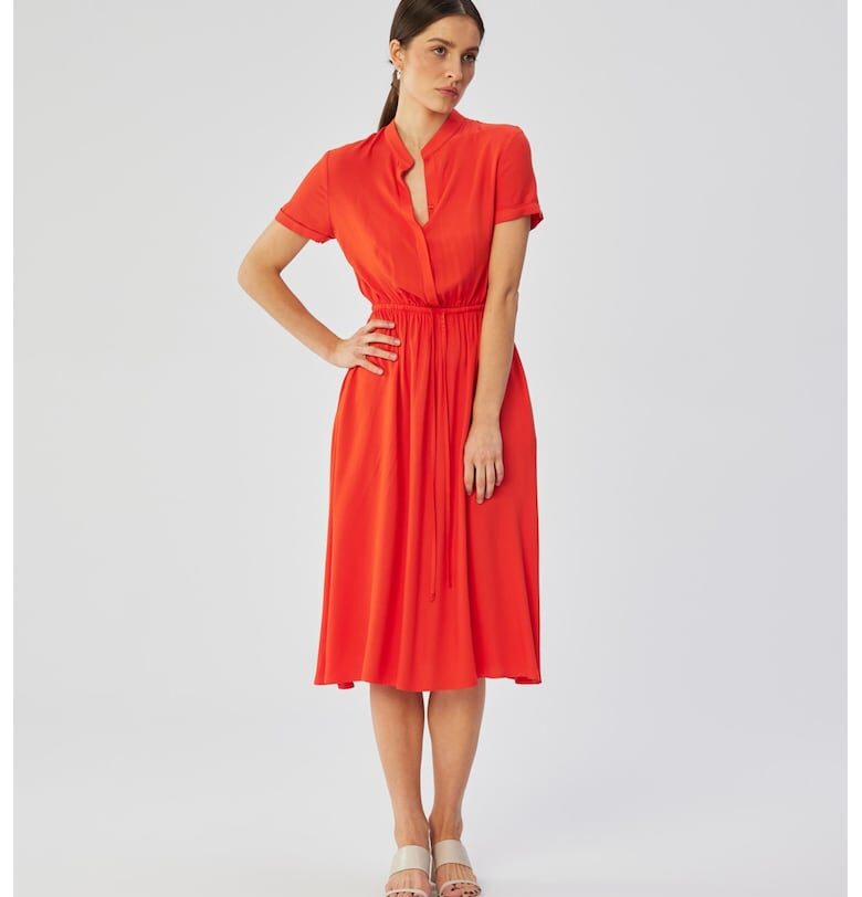 Дамска рокля - с висока яка и връзка на талията - полиестер - оранжева - Люляк MOE