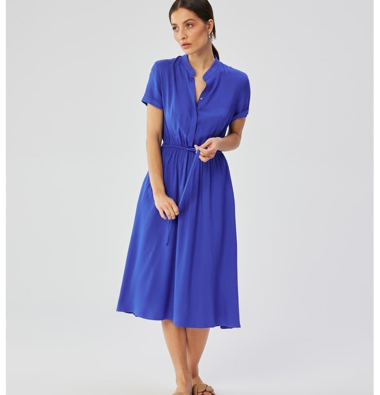 Дамска рокля - с висока яка и връзка на талията - полиестер - син - Многоцветен MOE