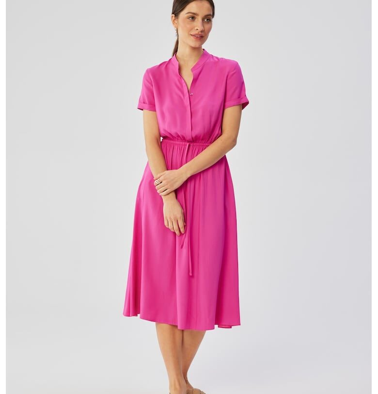 Дамска рокля - с висока яка и връзка на талията - полиестер - червена - Люляк MOE