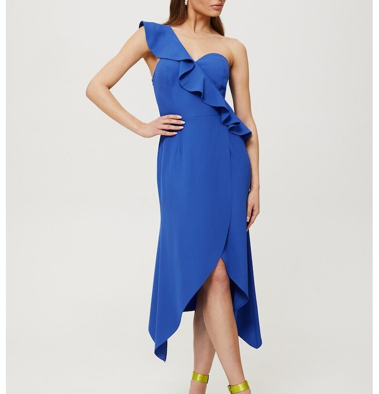 Дамска рокля - с волани на едното рамо - Полиестер - Синя - Син OEM