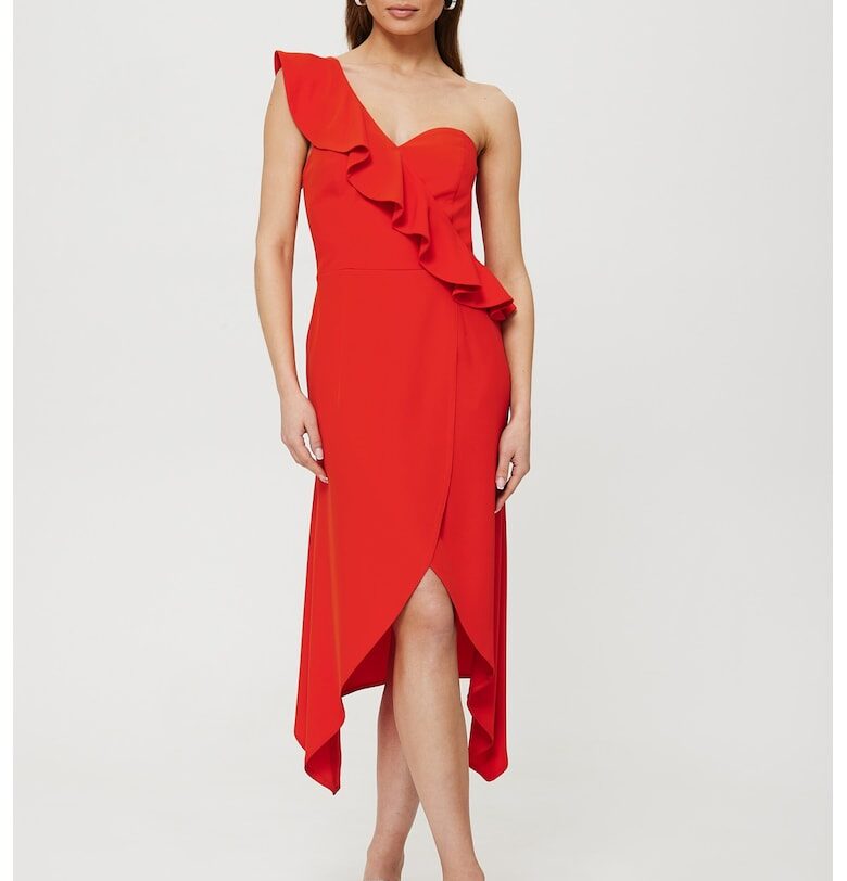 Дамска рокля - с волани на едното рамо - Полиестер - Червена - Корал MOE