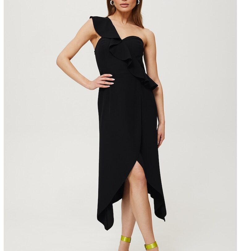 Дамска рокля - с волани на едното рамо - Полиестер - Черна - Черен MOE