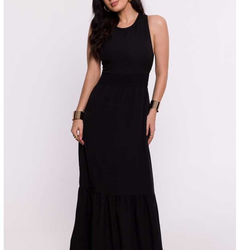 Дамска рокля - с гумен колан и връзка на гърба - Полиестер - Черна - М OEM