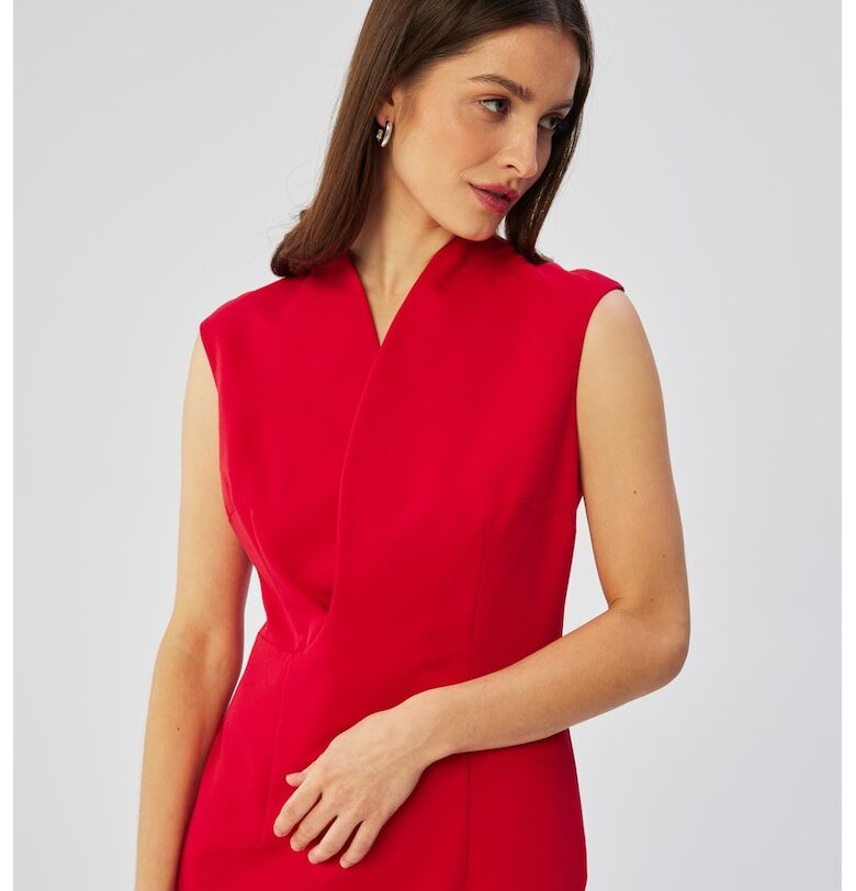 Дамска рокля - с деколте с фино застъпване - Червен полиестер MOE