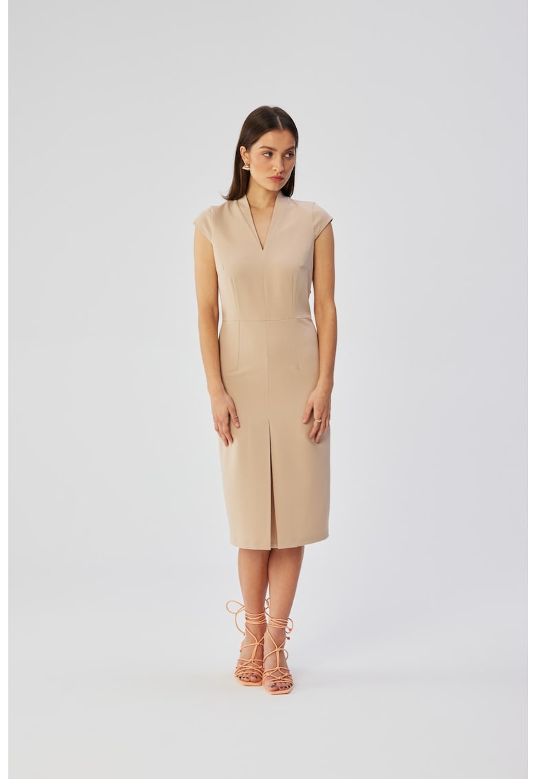 Дамска рокля тип молив с двойно деколте - полиестер - бежов - Бежов MOE