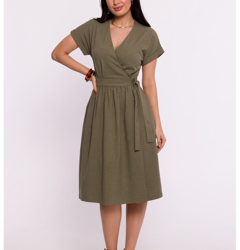 Дамска рокля - трапецовидна с V деколте - Полиестер - Черна - Зелен OEM