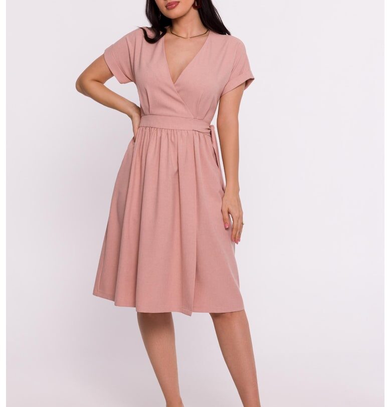 Дамска рокля - трапецовидна с V деколте - Полиестер - Черна - Розово OEM