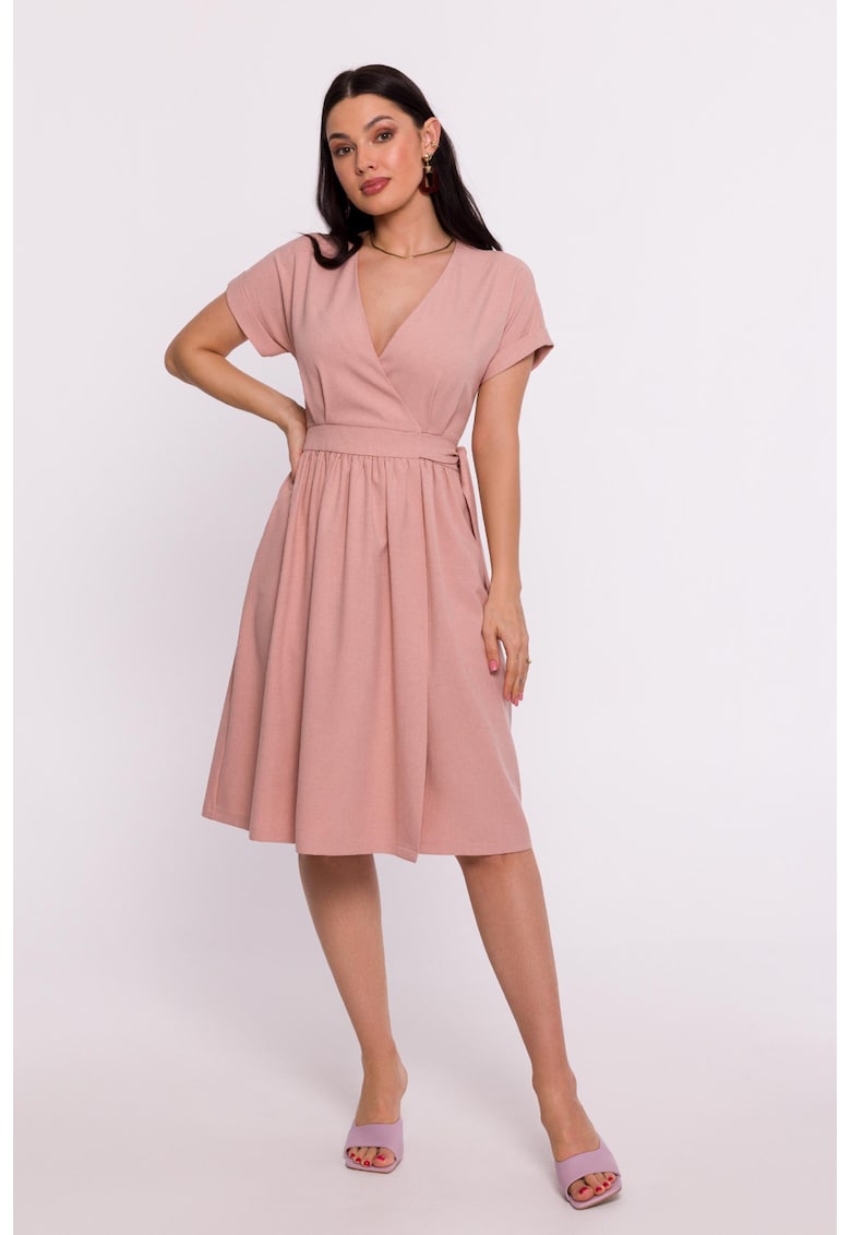 Дамска рокля - трапецовидна с V деколте - Полиестер - Черна - Розово OEM