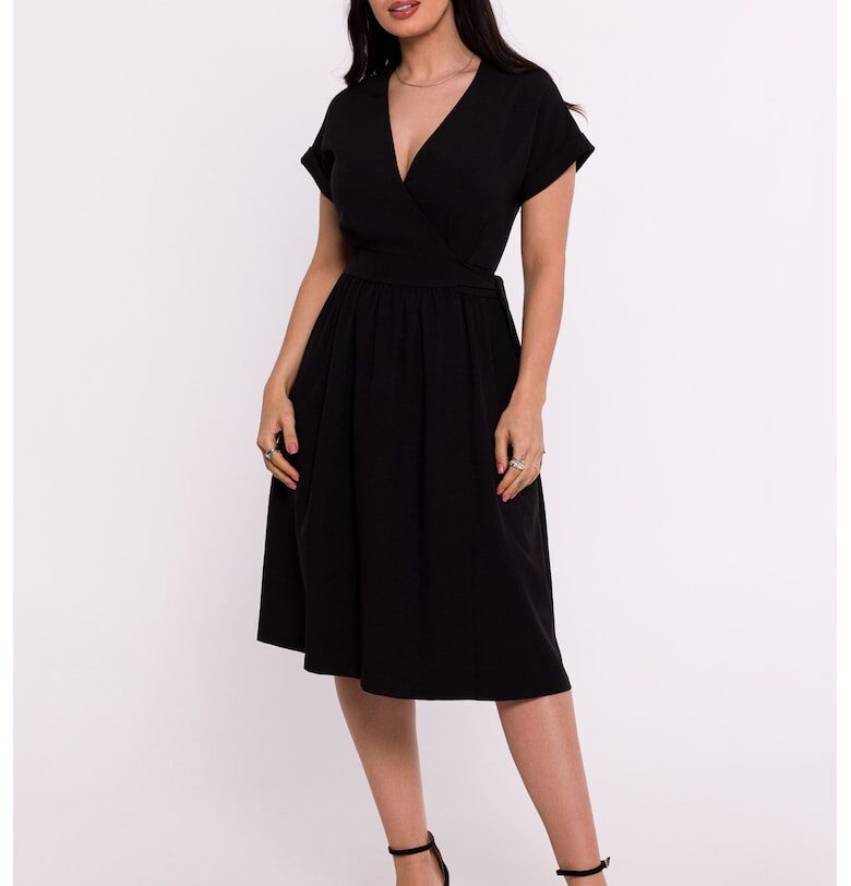 Дамска рокля - трапецовидна с V деколте - Полиестер - Черна - Черен OEM