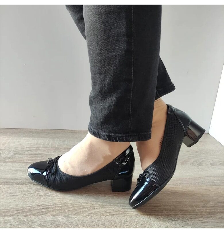 Дамски Обувки  50105A 01-Z - Елегантни Черни Лак + Текстил - Черно - Черен Karisma