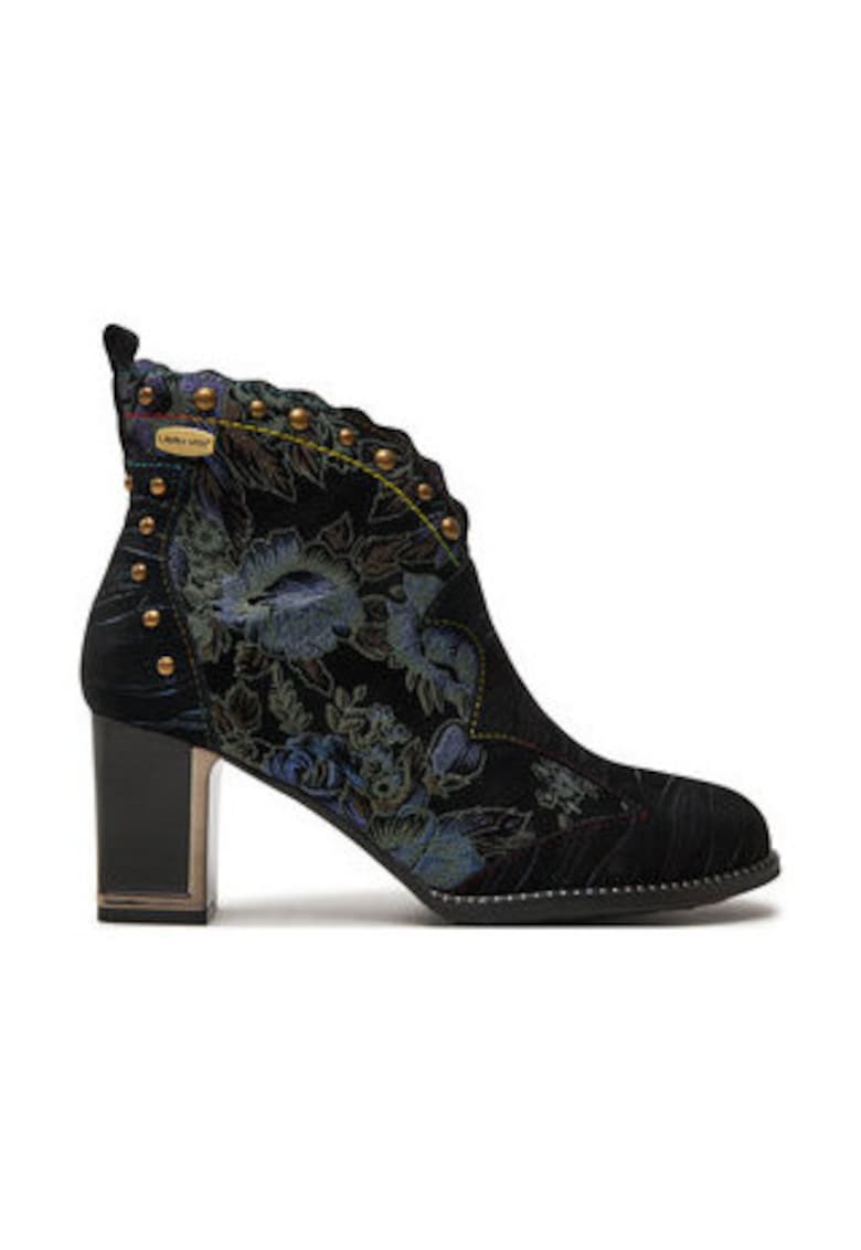 Дамски боти - естествена кожа - флорален принт - стабилен ток - черен Laura Vita