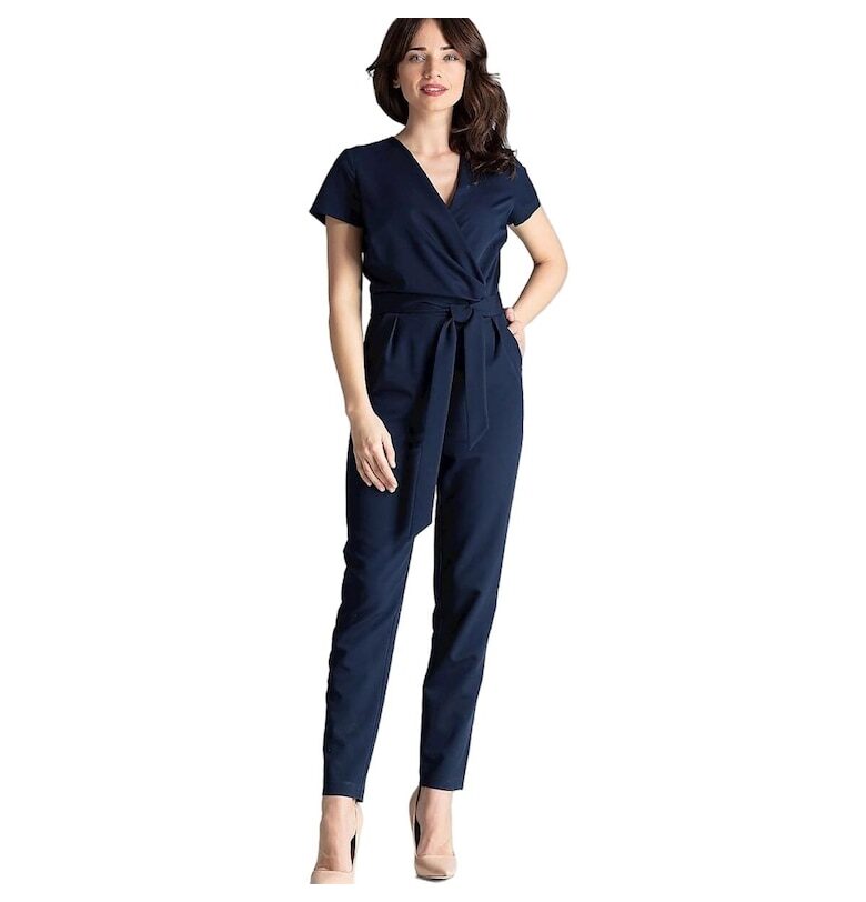 Дамски гащеризон - Ленитиф - тъмносин - полиестер и вискоза - с къси ръкави и плисета на талията Lenitif