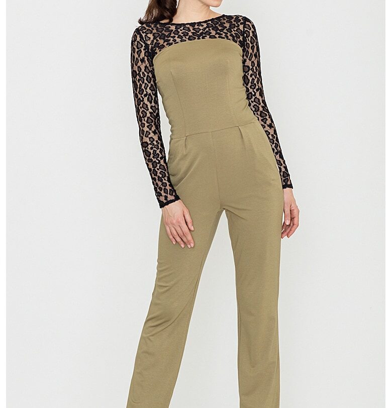 Дамски гащеризон -  дантела - дълъг ръкав - прав крачол - маслинено зелен - вискоза Lenitif