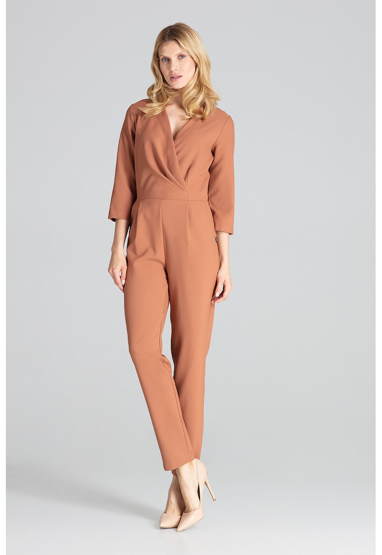 Дамски гащеризон - елегантен - 3/4 ръкави - кафяв - полиестер Figl