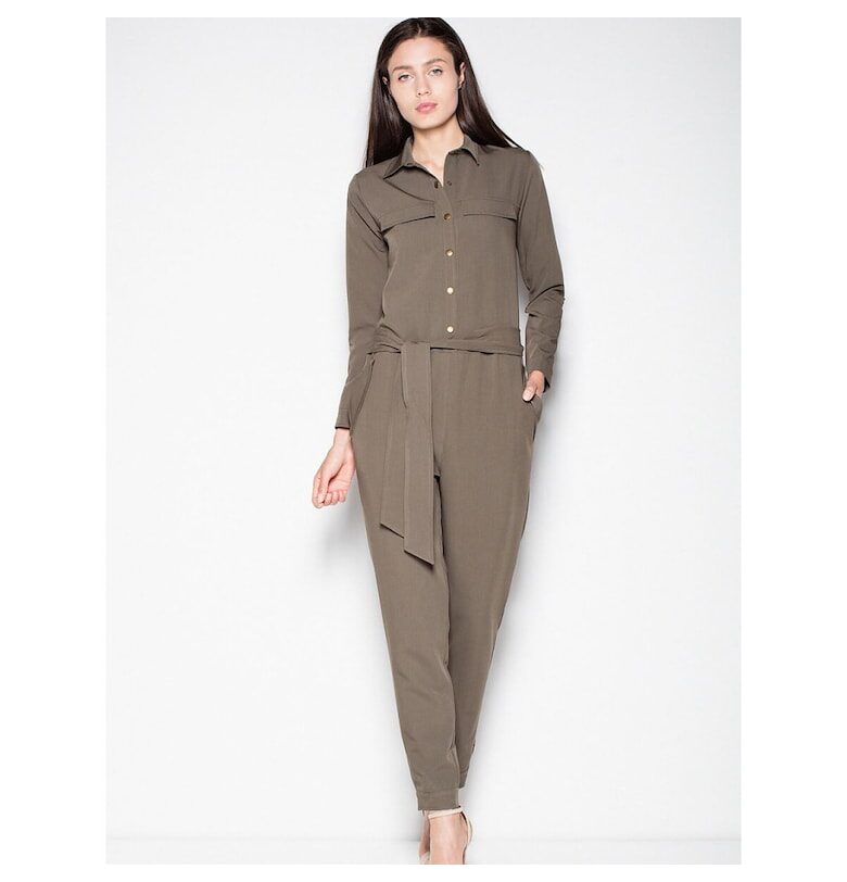 Дамски гащеризон  зелен - дълъг ръкав - яка - връзка на талията - полиестер-вискоза - Venaton