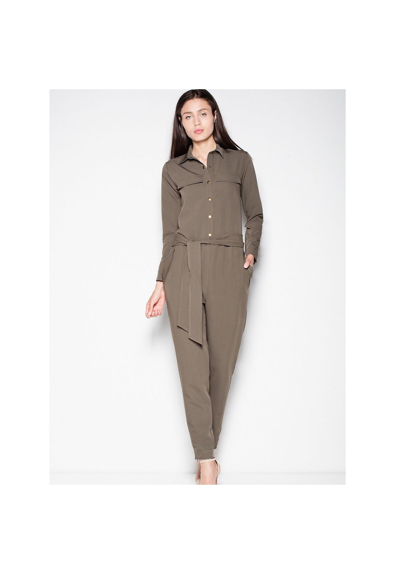 Дамски гащеризон зелен - дълъг ръкав - яка - връзка на талията - полиестер-вискоза - Venaton