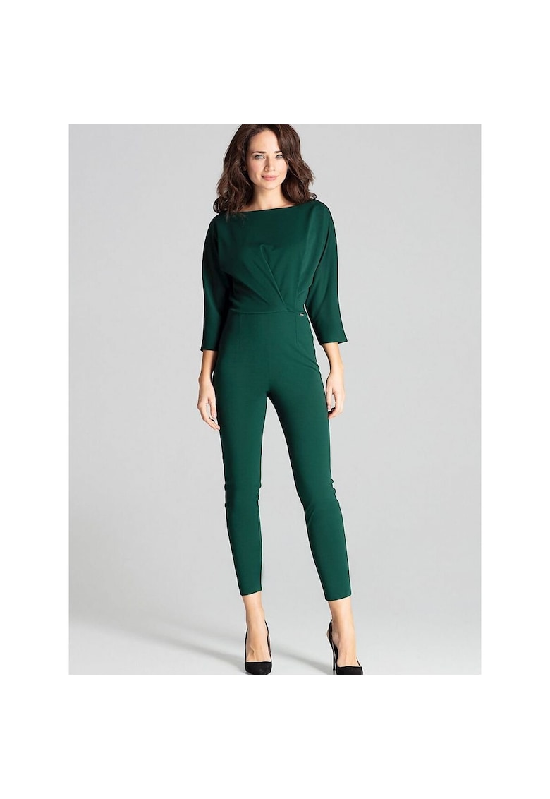 Дамски гащеризон зелен - полиестер - 3/4 ръкав - полукръгло деколте - асиметрични плисета - Lenitif