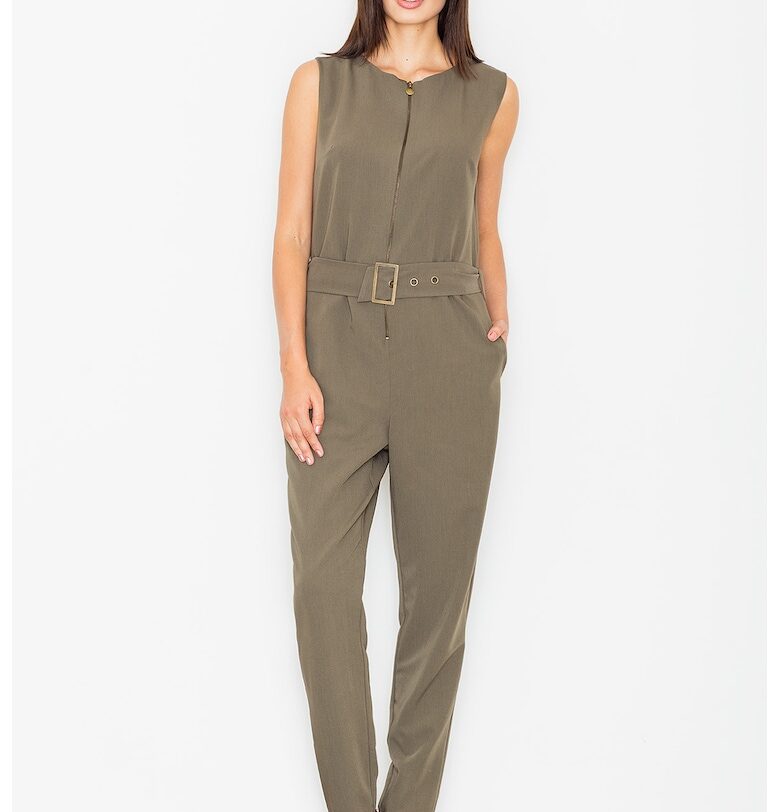 Дамски гащеризон -  зелен - с цип и колан - без ръкави - полиестер и вискоза Figl