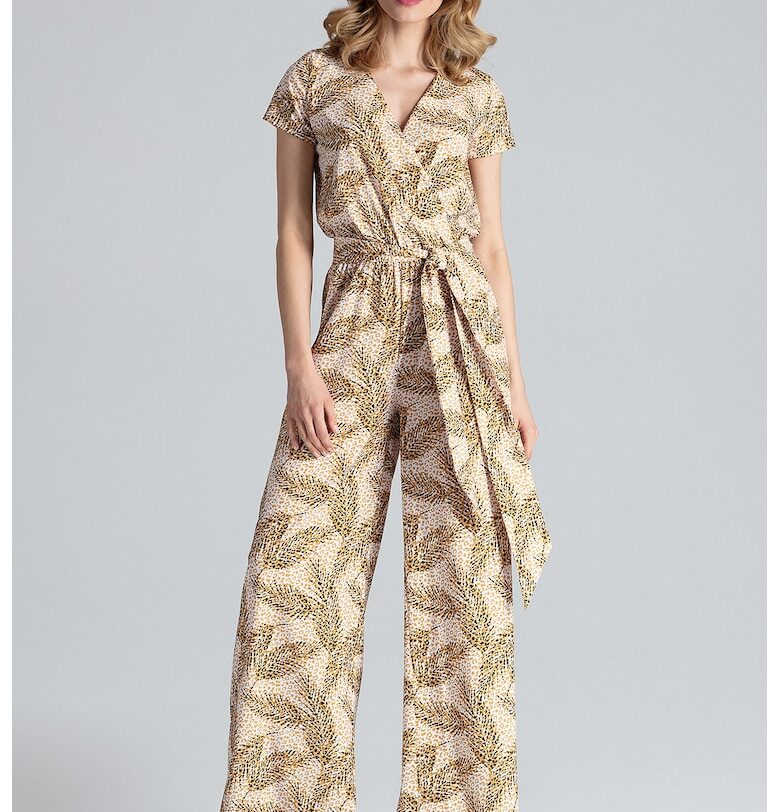 Дамски гащеризон -  кръгло деколте - широк крачол - къс ръкав - леопардов принт - полиестер-еластан Figl