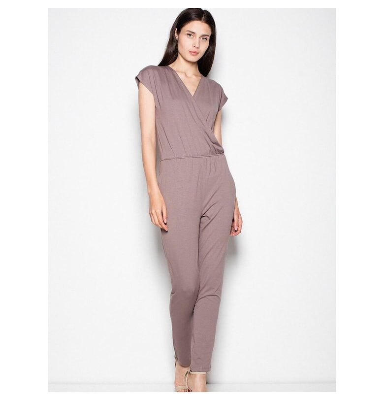 Дамски гащеризон  къс ръкав - ефектно деколте - кафяв - вискоза Venaton