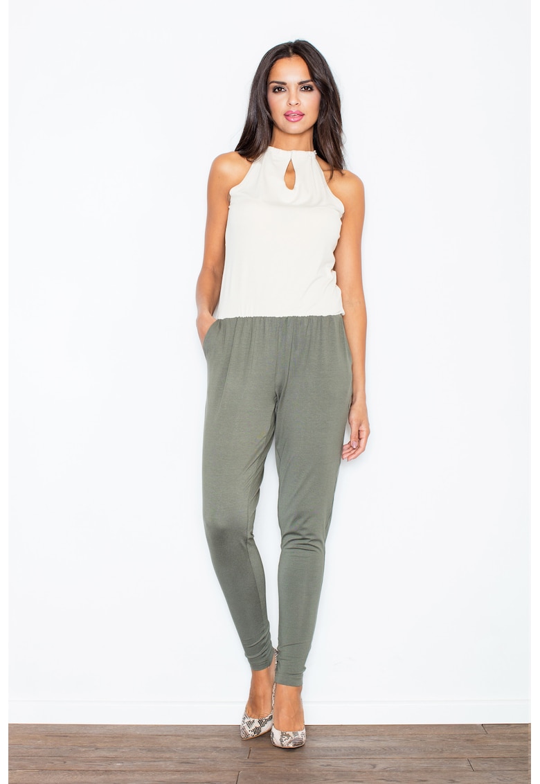 Дамски гащеризон - с джобове - без ръкави - полиестер - маслиненозелен Figl