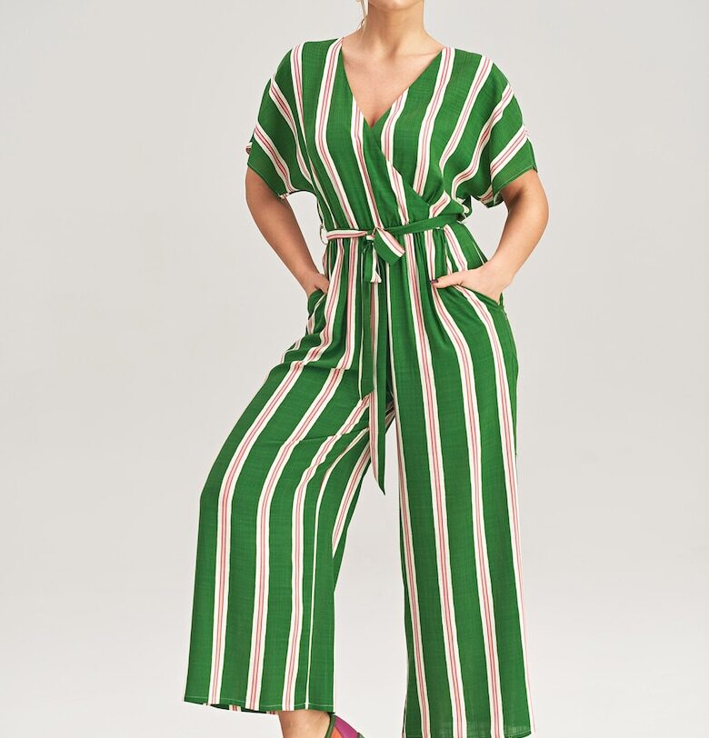 Дамски гащеризон -  с ръкави тип кимоно - на райета - зелен - вискозен Figl