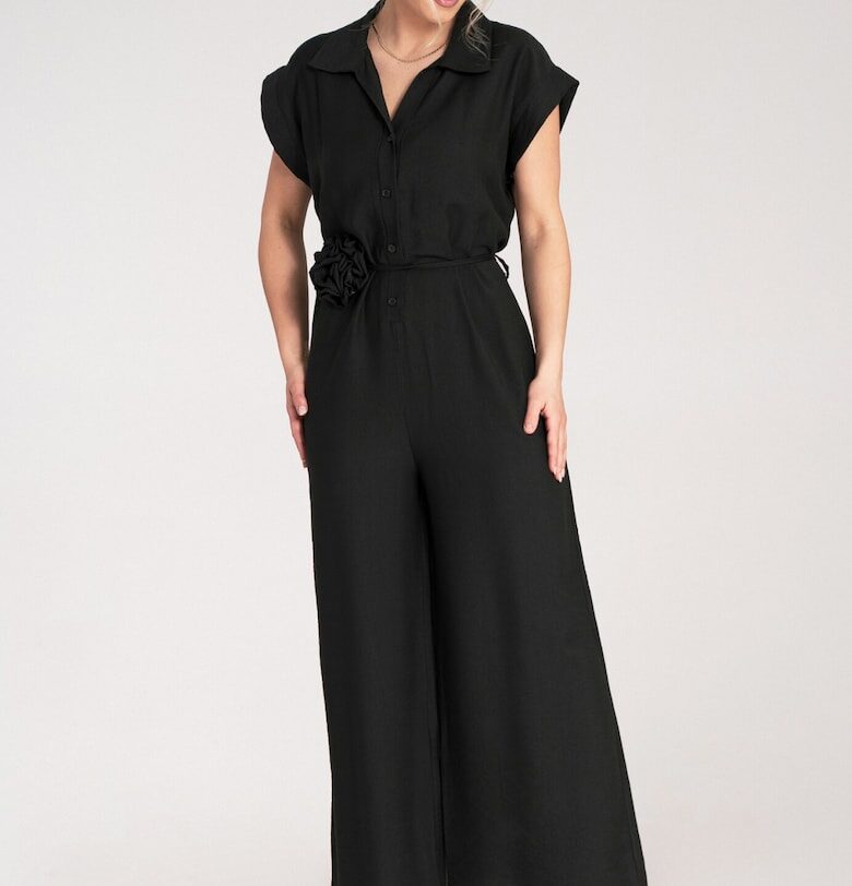 Дамски гащеризон -  с широк крачол и къс ръкав - черен - универсален материал - Един размер Figl