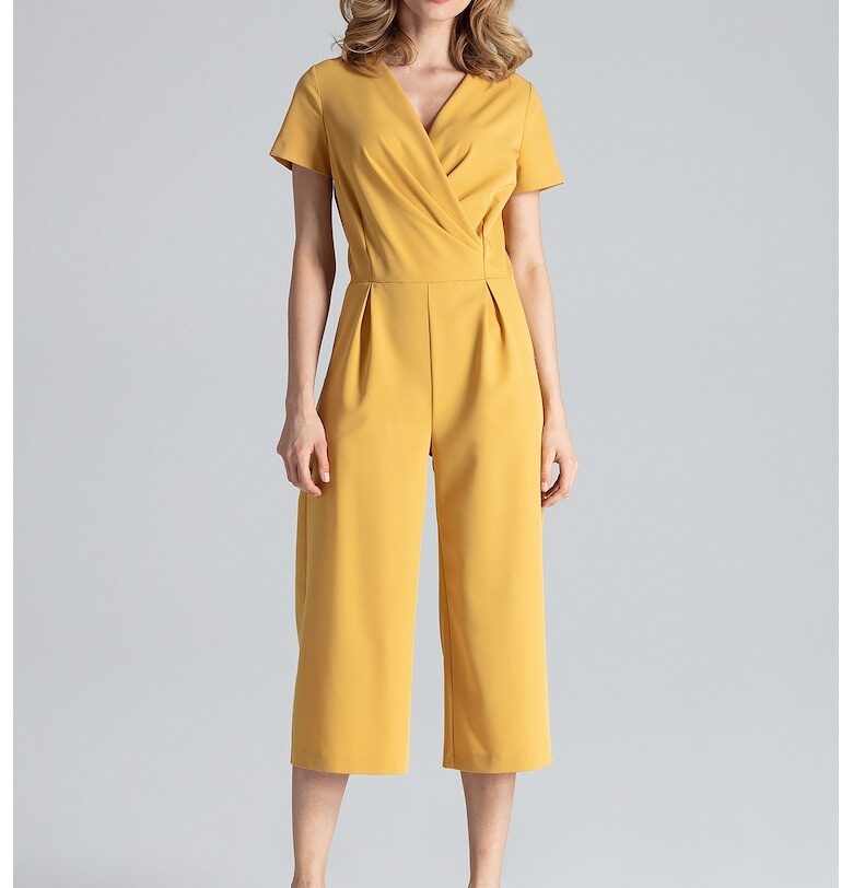 Дамски гащеризон -  цвят горчица - широки панталони - къс ръкав - 65% полиестер - 35% вискоза Figl