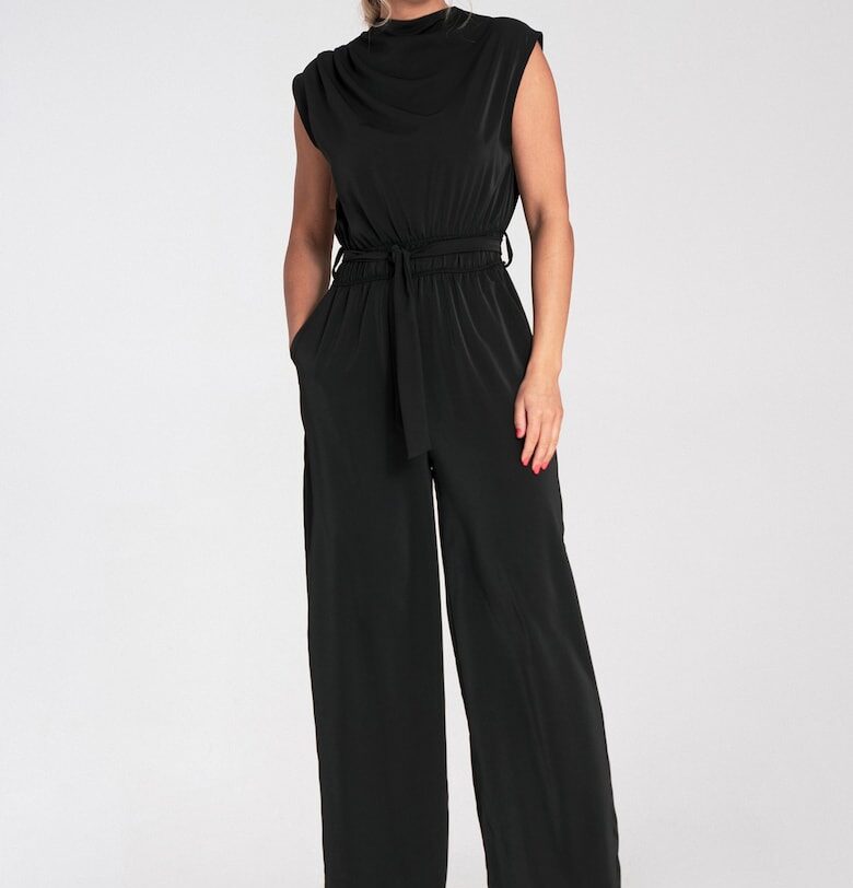 Дамски гащеризон -  черен - елегантен - с драпирано деколте и еластична талия - SM Figl